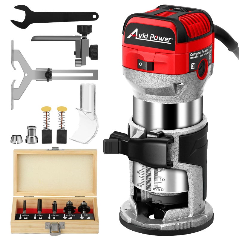AVID POWER 6.5 Amp 1.25 HP Compact Router Tools for Woodworking, Fixed Base Wood Router with Trim Router Bits, 6 Variable Speeds, Edge Guide, Roller Guide, Dust Hood (Red, 65mm) - Image 1